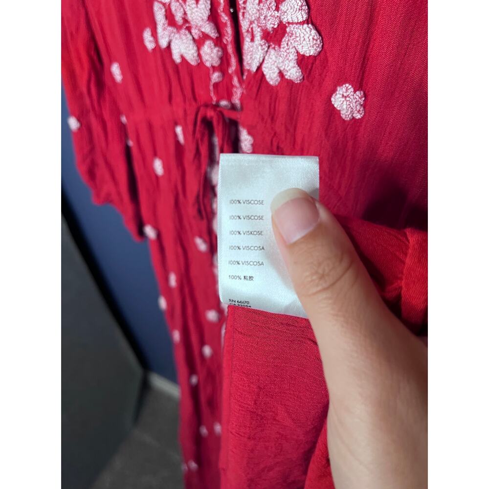 Free People Red Embroidered Boho Maxi Dress Long Sleeve Tie Front Size M - Picture 7 of 7